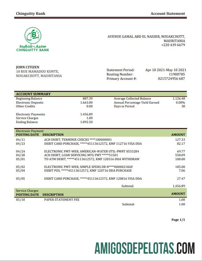 Mauritania Chinguitty modelo de extrato bancário